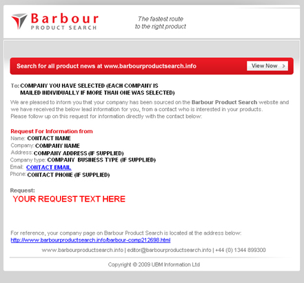 Request for Information - example of RFI email to your chosen companies. The same mail will be sent individually to each selected company's main email address Request for Information - example of RFI email to your chosen companies. The same mail will be sent individually to each selected company's main email address